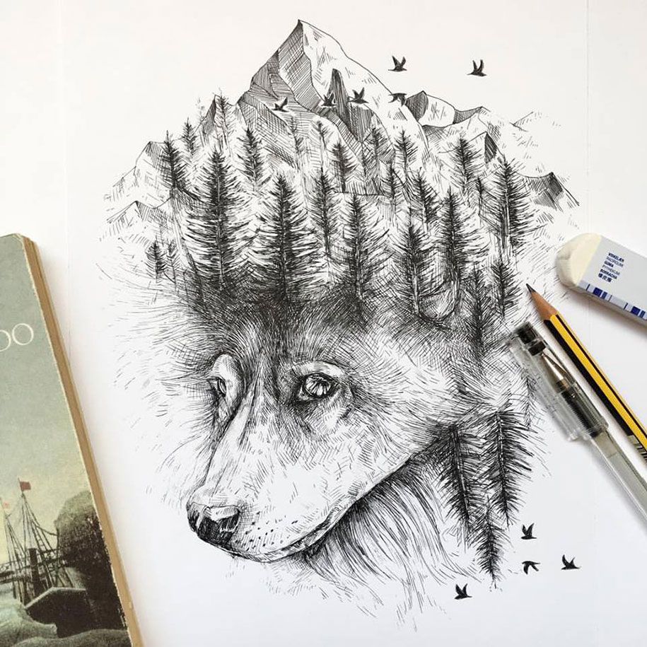 kalem-mürekkep-hayvan-ağaçlar-çizimler-alfred-basha-13
