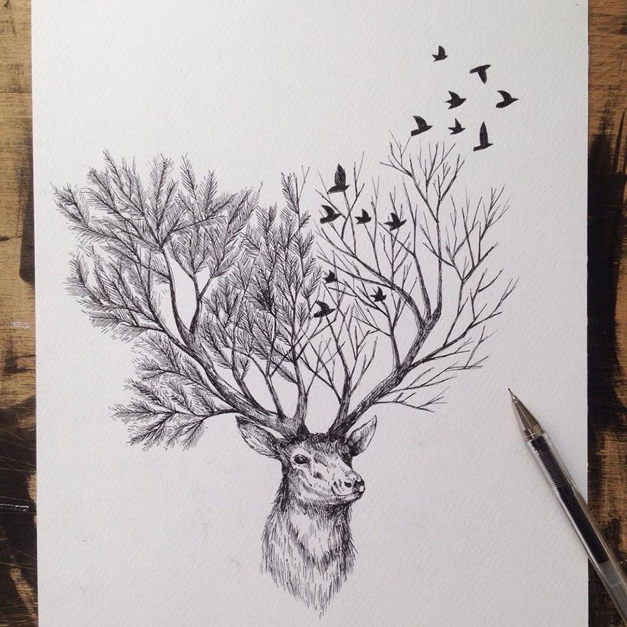 caneta-tinta-animal-árvores-ilustrações-alfred-basha-4
