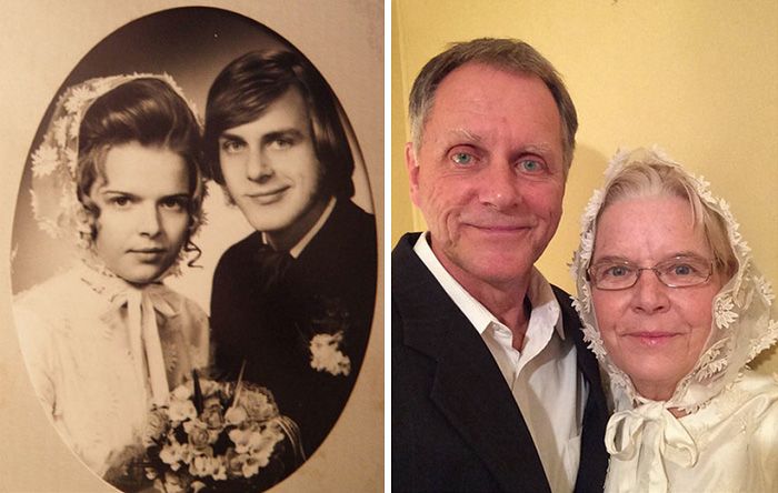 과거와 현재를 사랑하는 커플이 수십 년 된 사진을 재현합니다.