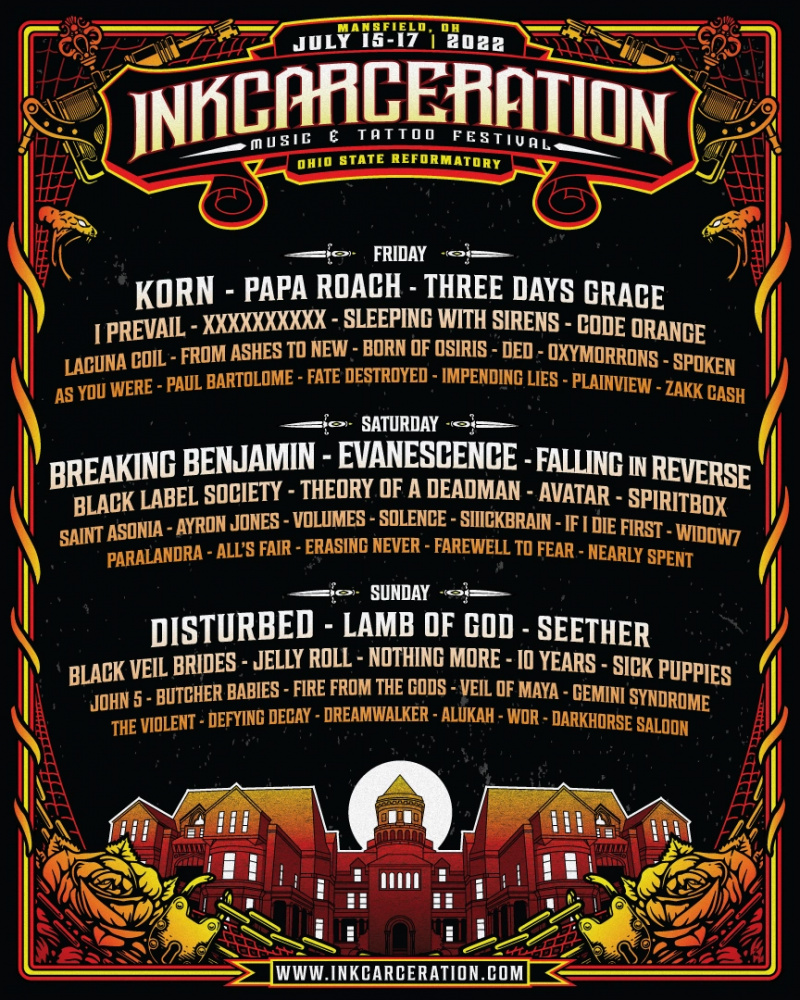 INK22 virallinen Admat web Inkcarceration Music & Tattoo Festival 2022 kokoonpano: Korn, Disturbed, Breaking Benjamin, Evanescence ja paljon muuta