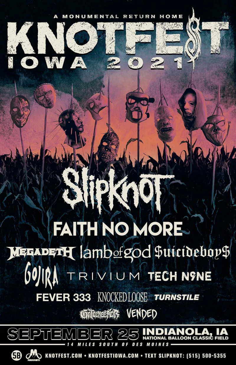 Affiche du Knotfest Iowa 2021 Programmation du Knotfest Iowa 2021 : Slipknot, Faith No More, Megadeth, Lamb of God, Gojira, etc.