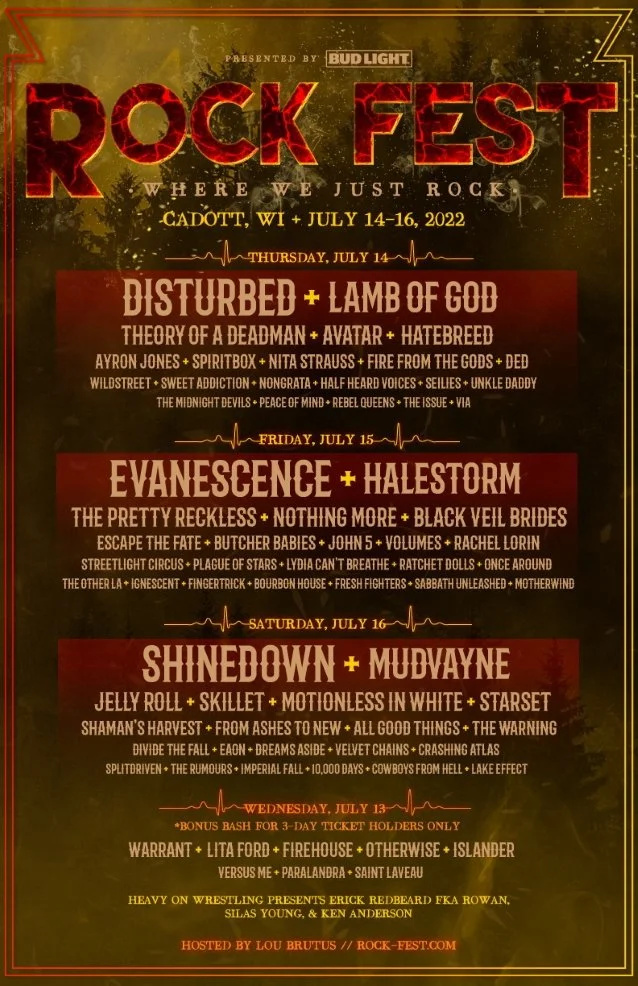 Rockfest2022 ملصق Rock Fest 2022 تشكيلة: Evanescence ، مضطرب ، Lamb of God ، Shinedown ، Halestorm ، Mudvayne ، والمزيد
