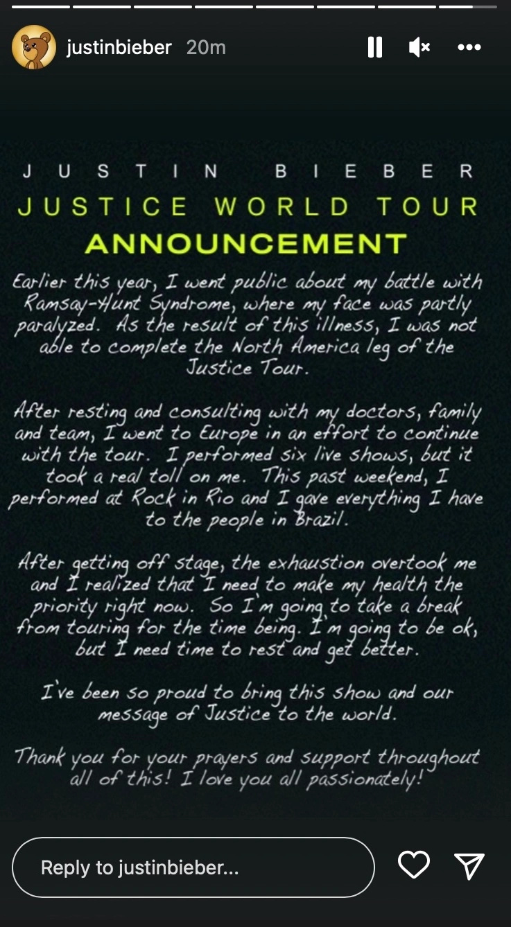 Јустин Биебер отказује светску турнеју здравље Рамсаи-Хунт Јустице