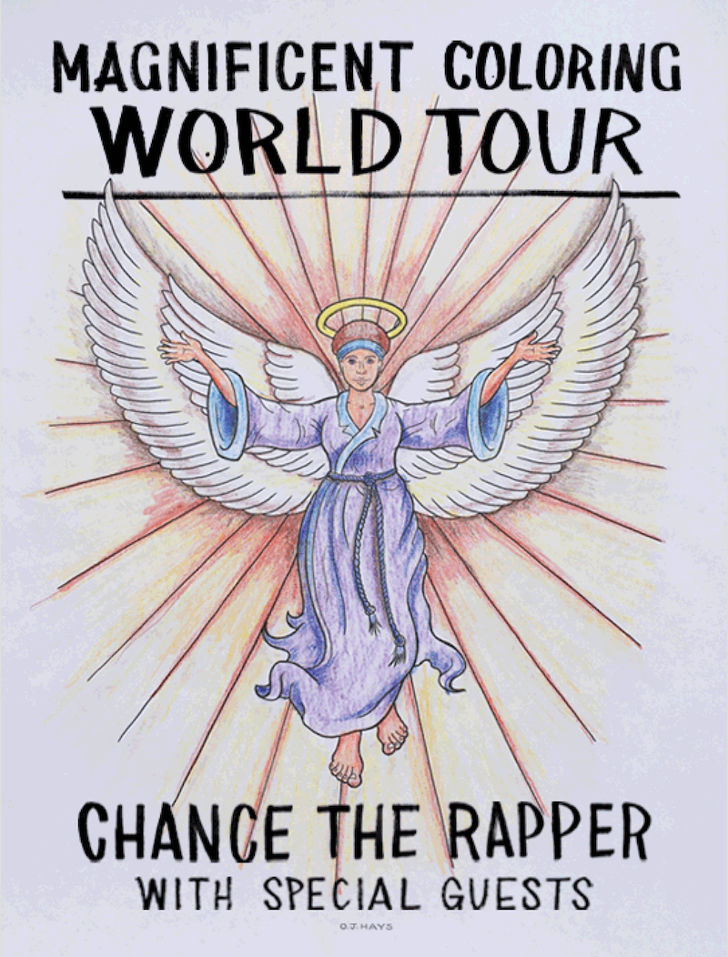 spalvinimo knygų turas atsitiktinis reperis Chance the Rapper skelbia „Magnificent Coloring World Tour“.